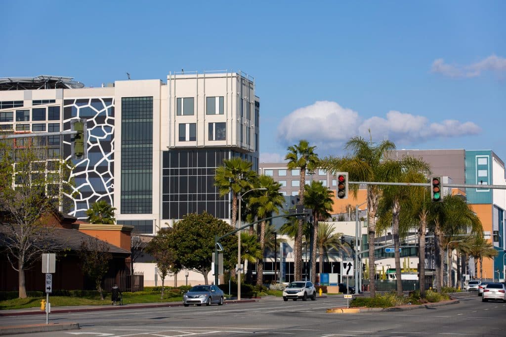 Buena Park street scene with palm-lined roads and modern architecture near Knott’s Berry Farm in Orange County, California