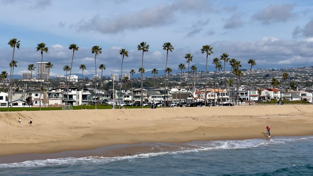 Beachfront homes and tall palm trees along Newport Beach, CA with sand, waves, and a person walking near the shoreline